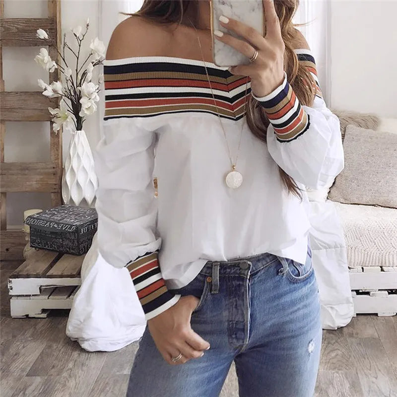 Off Shoulder Top Blouse Women Autumn Casual Multicolor Long Sleeve Tops Blouse Shirt Plus Size 2XL