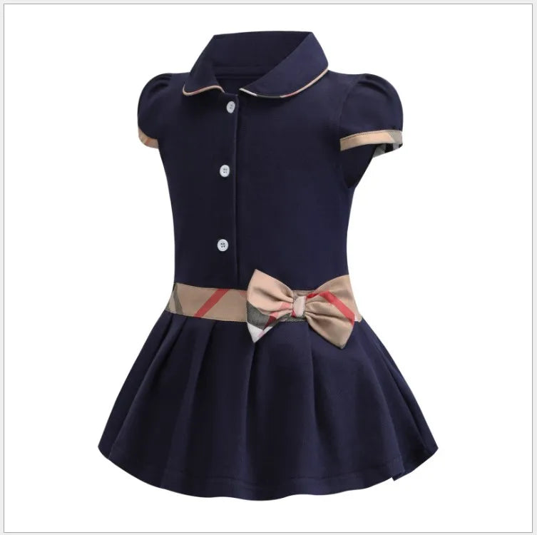 Retail Baby Girls Princess Dress Kids Lapel College Style Bowknot Short Sleeve Pleated Polo Shirt Skirt Children Summer Casual Dresses