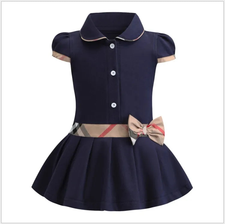 Retail Baby Girls Princess Dress Kids Lapel College Style Bowknot Short Sleeve Pleated Polo Shirt Skirt Children Summer Casual Dresses
