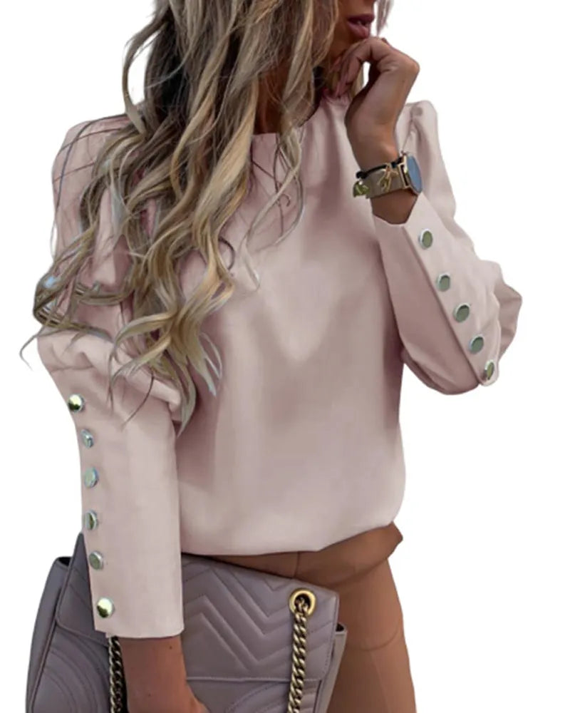 Elegant New Puff shoulder blouse shirts Office Lady Autumn Metal Buttoned Detail Blouses women Pineapple print long sleeve tops
