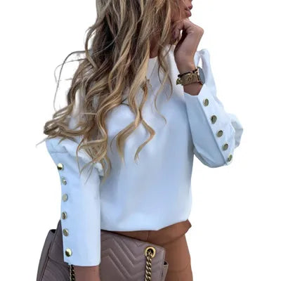 Elegant New Puff shoulder blouse shirts Office Lady Autumn Metal Buttoned Detail Blouses women Pineapple print long sleeve tops