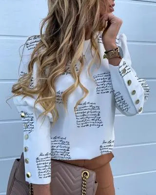 Elegant New Puff shoulder blouse shirts Office Lady Autumn Metal Buttoned Detail Blouses women Pineapple print long sleeve tops