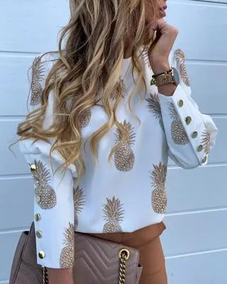 Elegant New Puff shoulder blouse shirts Office Lady Autumn Metal Buttoned Detail Blouses women Pineapple print long sleeve tops