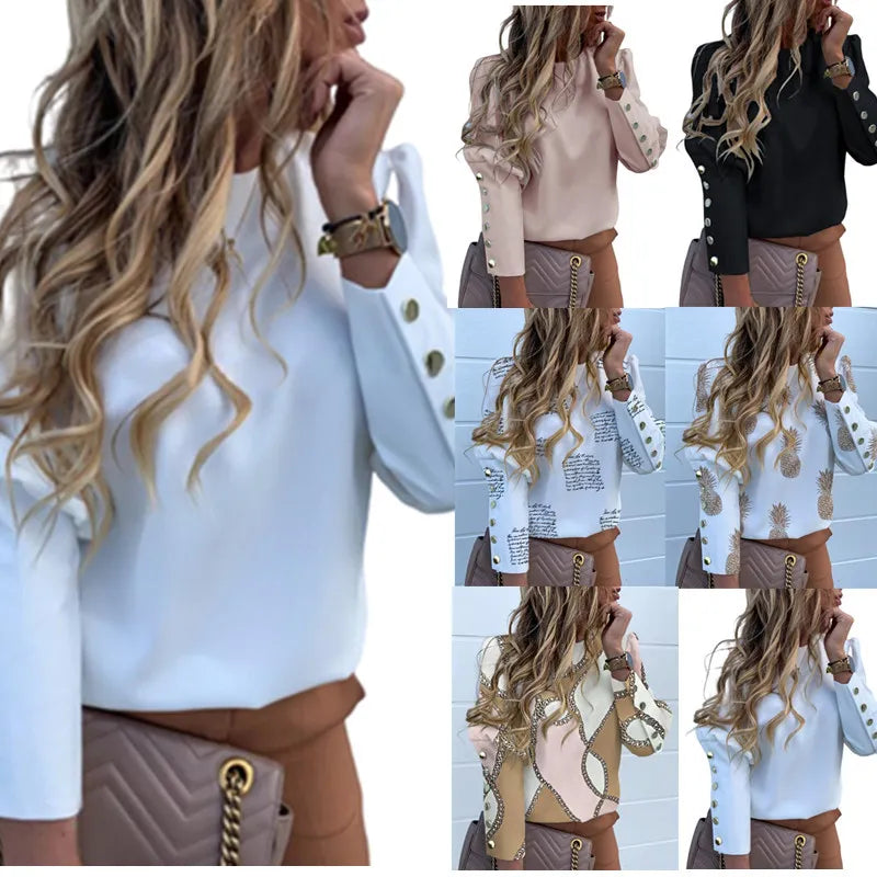 Elegant New Puff shoulder blouse shirts Office Lady Autumn Metal Buttoned Detail Blouses women Pineapple print long sleeve tops