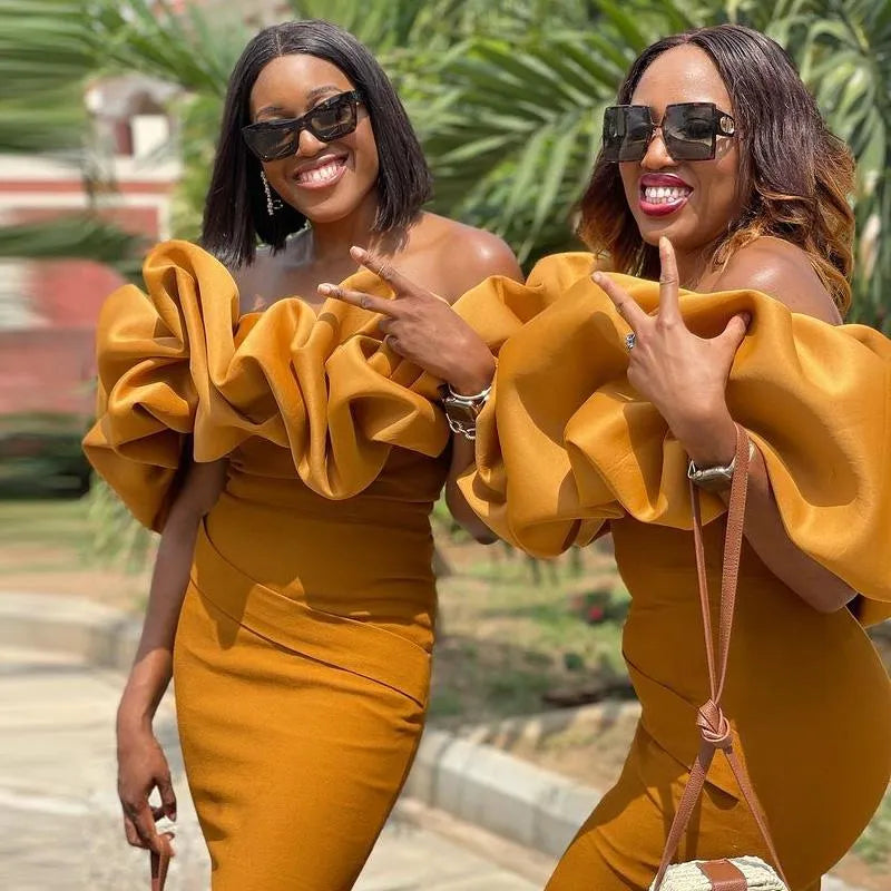 Mustard Yellow Mermaid Bridesmaids Dresses Ruffles Off Shoulder Wedding Guest Gowns Black Girl Maid Of the honor Dress Plus Size robes de cocktail