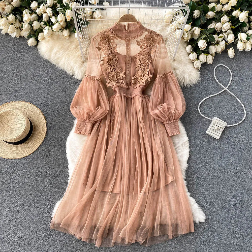 Spring Autumn Sweet Women Mesh Dress Elegant Stand Collar Lantern Long Sleeve High Waist 2Pcs Party Vestidos Female New Fashion