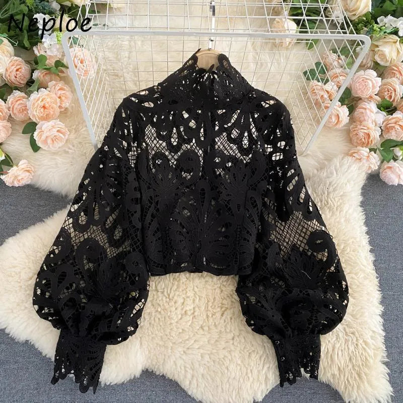 Neploe Lace Sexy Hollow Out Stand Collar Shirt Solid Color All-match Zip Femme Blusas Chic Lantern Sleeve Women Blouses 210315