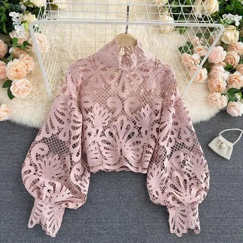 Neploe Lace Sexy Hollow Out Stand Collar Shirt Solid Color All-match Zip Femme Blusas Chic Lantern Sleeve Women Blouses 210315