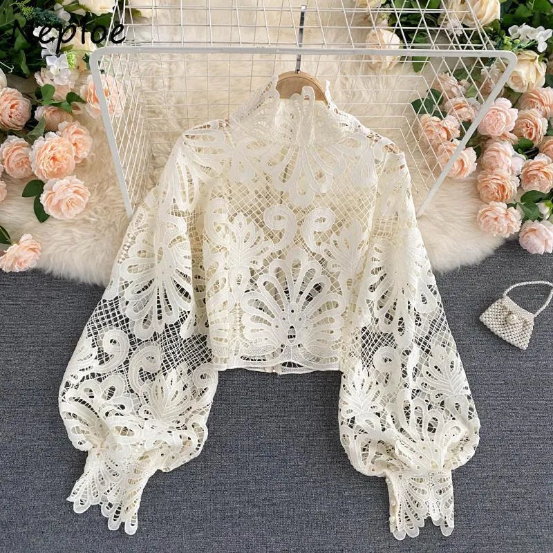 Neploe Lace Sexy Hollow Out Stand Collar Shirt Solid Color All-match Zip Femme Blusas Chic Lantern Sleeve Women Blouses 210315