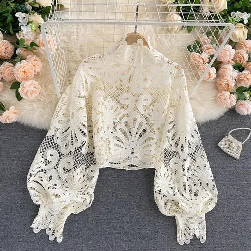 Neploe Lace Sexy Hollow Out Stand Collar Shirt Solid Color All-match Zip Femme Blusas Chic Lantern Sleeve Women Blouses 210315