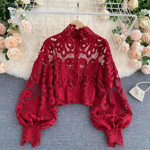 Neploe Lace Sexy Hollow Out Stand Collar Shirt Solid Color All-match Zip Femme Blusas Chic Lantern Sleeve Women Blouses 210315