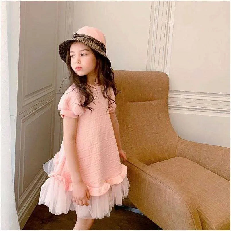 Children's Pink Casual Skirt Luxury Designer Brand Fashion Dress Girls Net Yarn Short-sleeved Princess Dress for Kids Q0716