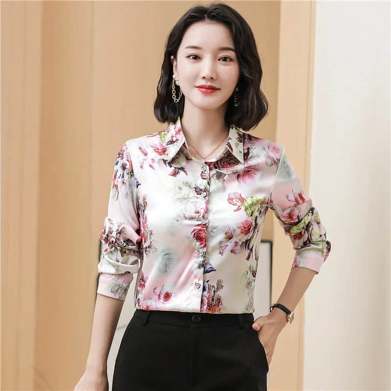 Luxury Designer Print Classic Satin Shirt Plus Size Women Fashion Long Sleeve Button Front Shirts Spring Autumn Ladies Runway Lapel Blouse Elegant Silk Tops