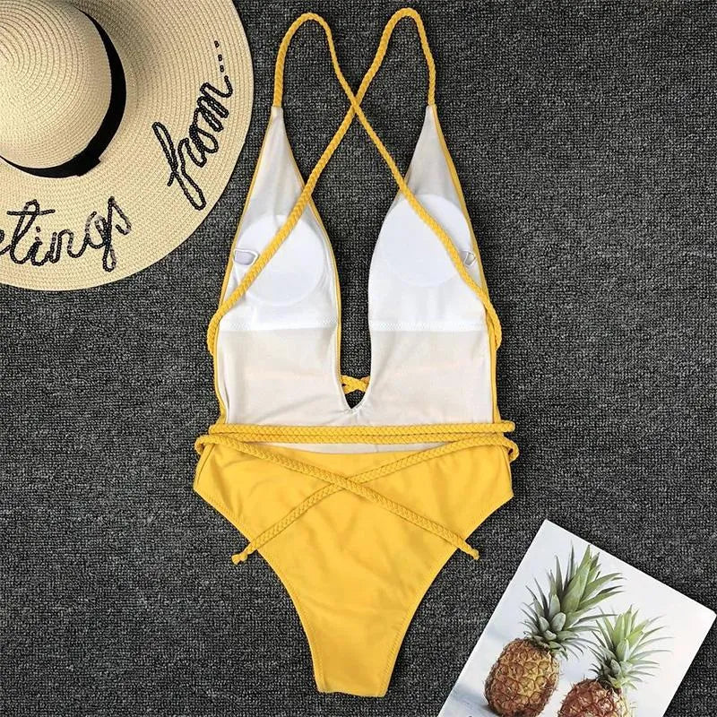 Women Swimwear One Piece Sexy Bikini Woven String Swimsuit Fused Halter Bathing Suit Monokin High Cut Swim Wear Blue