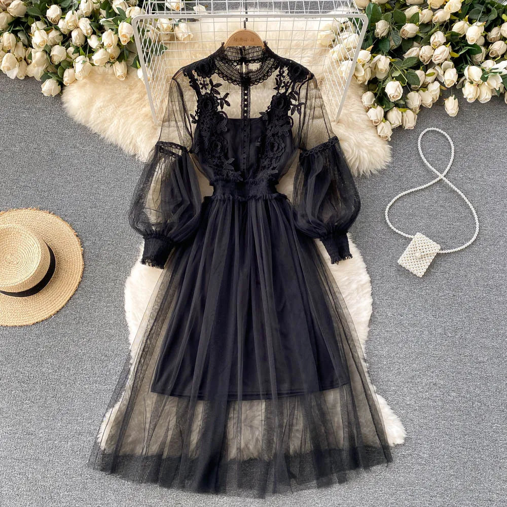 Spring Autumn Sweet Women Mesh Dress Elegant Stand Collar Lantern Long Sleeve High Waist 2Pcs Party Vestidos Female New Fashion