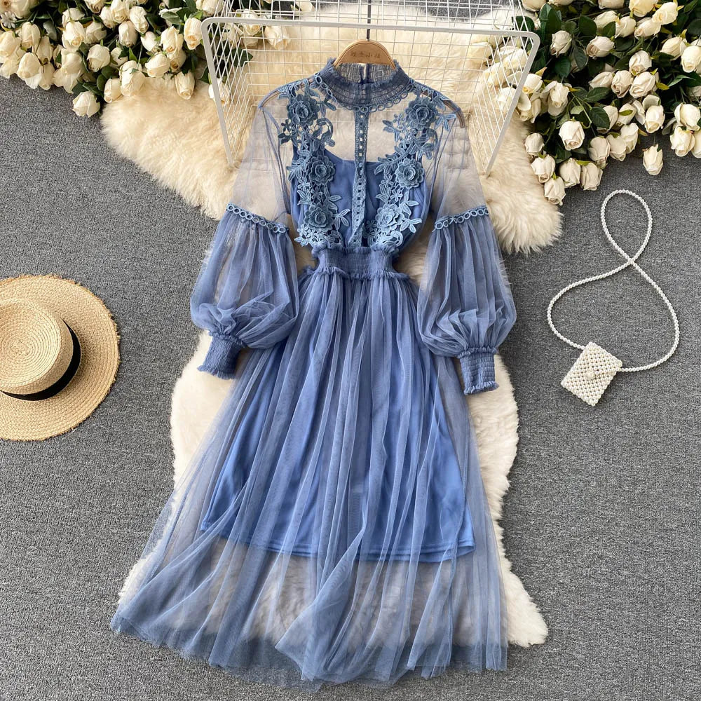 Spring Autumn Sweet Women Mesh Dress Elegant Stand Collar Lantern Long Sleeve High Waist 2Pcs Party Vestidos Female New Fashion