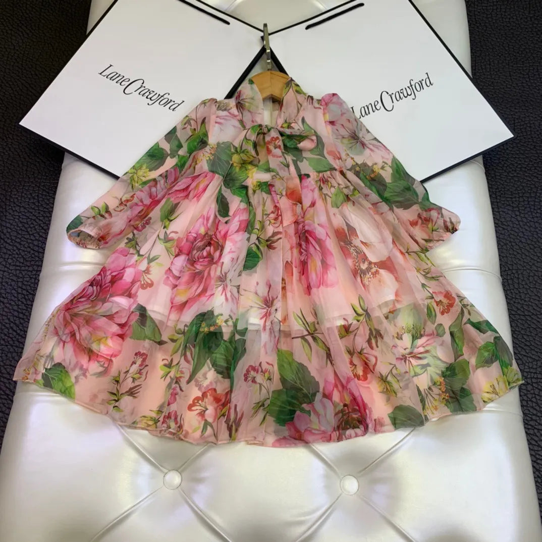 summer Baby Flowers Dress Spring kids Girls Bow Long Sleeve Dresses Sweet Children Clothes tops