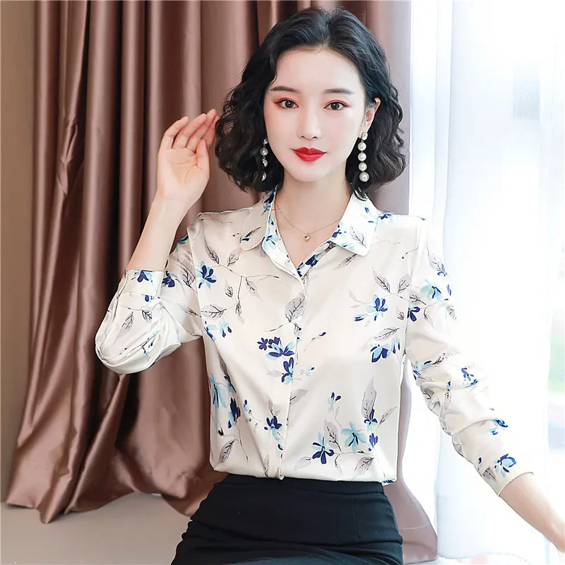 Luxury Designer Print Classic Satin Shirt Plus Size Women Fashion Long Sleeve Button Front Shirts Spring Autumn Ladies Runway Lapel Blouse Elegant Silk Tops