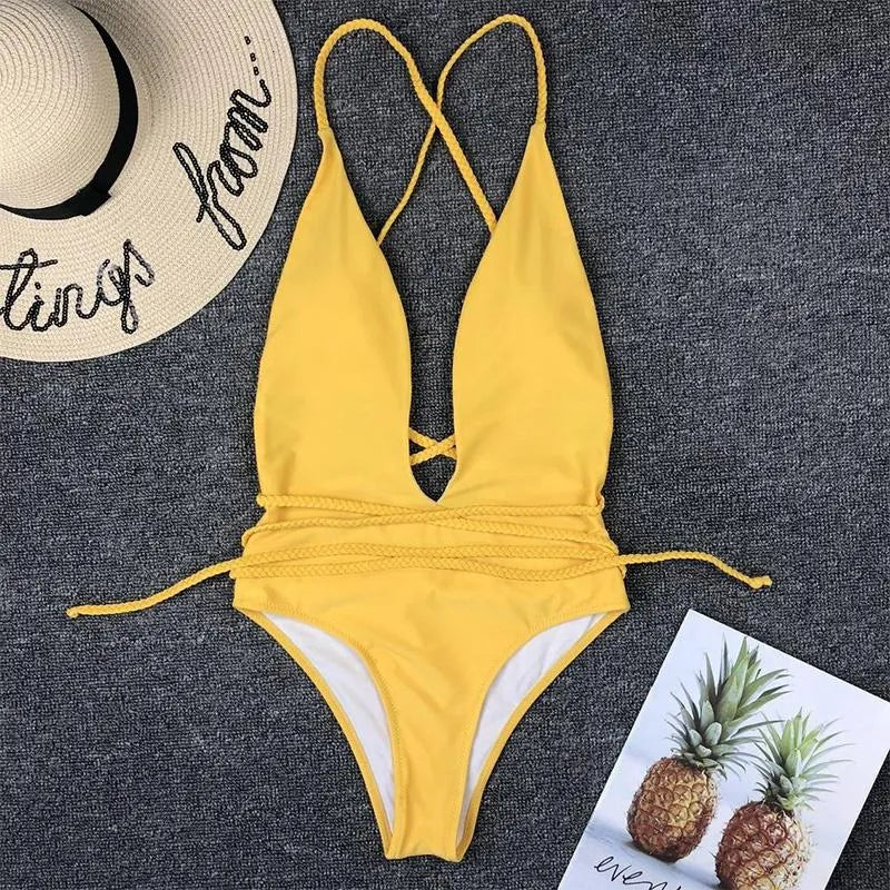 Women Swimwear One Piece Sexy Bikini Woven String Swimsuit Fused Halter Bathing Suit Monokin High Cut Swim Wear Blue