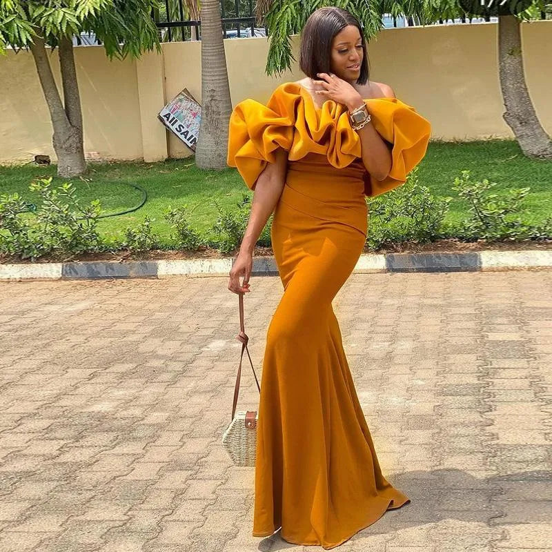 Mustard Yellow Mermaid Bridesmaids Dresses Ruffles Off Shoulder Wedding Guest Gowns Black Girl Maid Of the honor Dress Plus Size robes de cocktail
