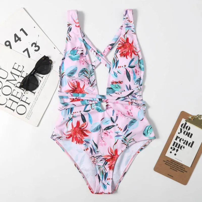 Women Swimwear all-in-one Swimsuit Womens Bikini Flower Print High Waist Sleeveless V Neck Halter One Piece Bathing Suit Casual Maillot De Vest swimsuit