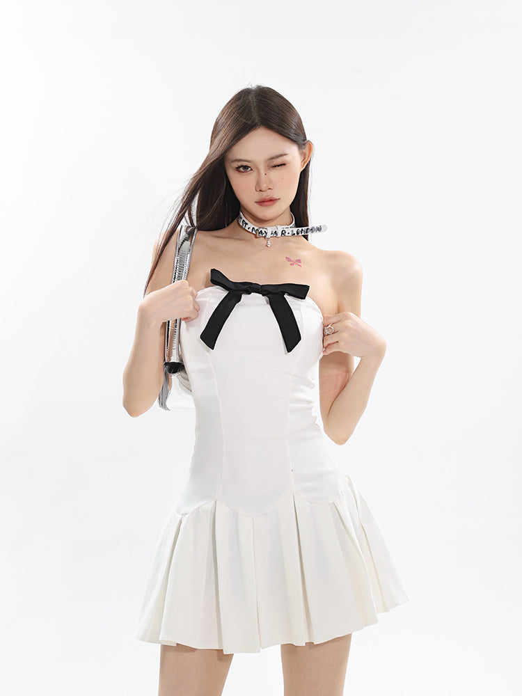 Zllkl Flora Solid Color Black Bow Tie Bandeau Sleeveless Pleated Mini Dress