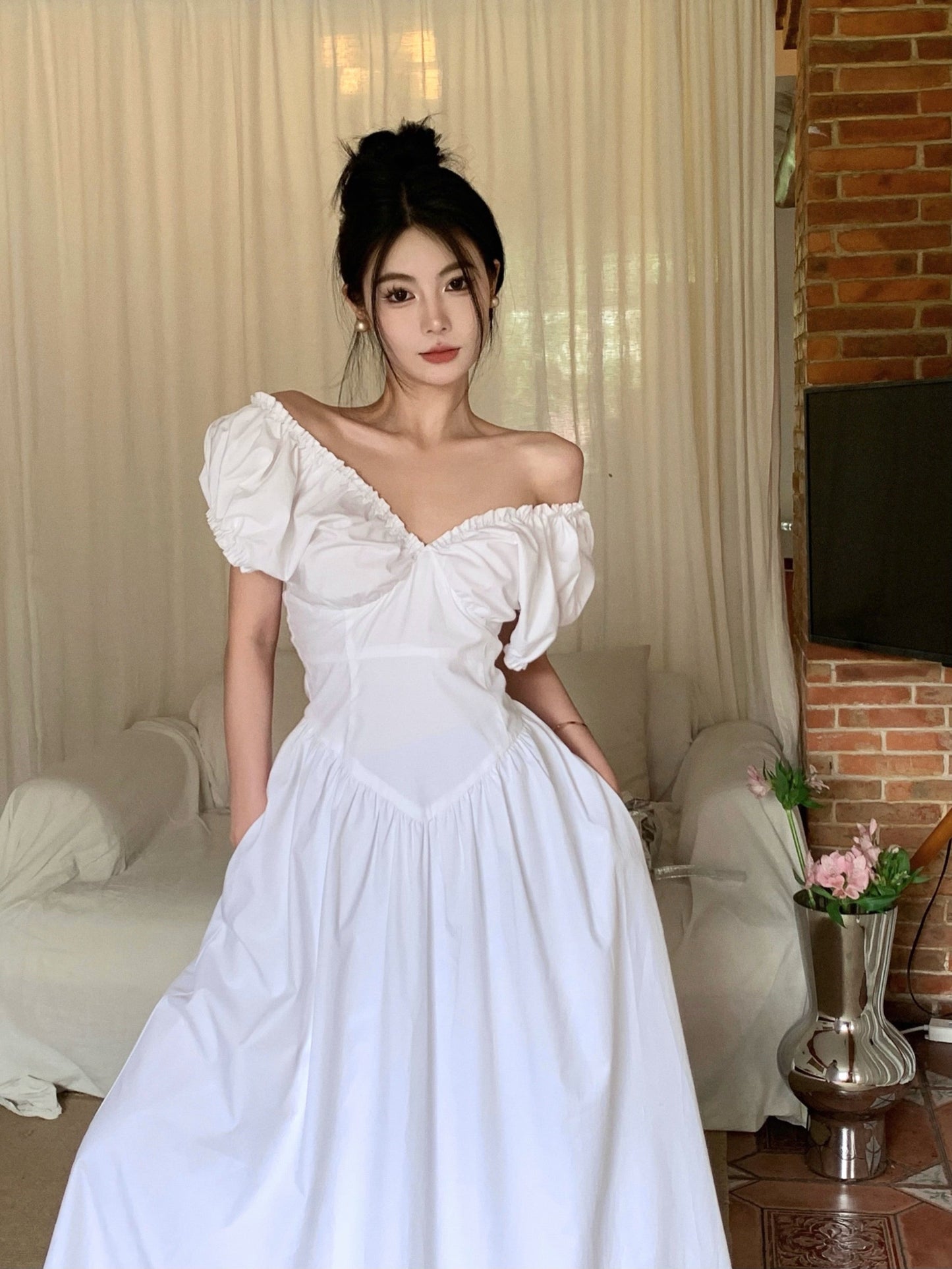 Zllkl Zianna Solid Color French V-neck Puff Short Sleeve Ruffled A-Line Long Maxi Dress