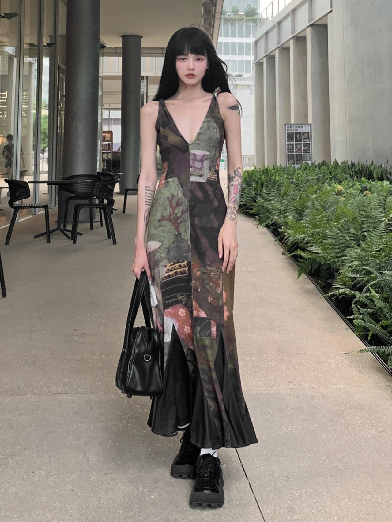 Zllkl Kiara Chinese Floral Print Dark Sweet Spaghetti Strap V-Neck Contrast Fishtail Design Long Dress