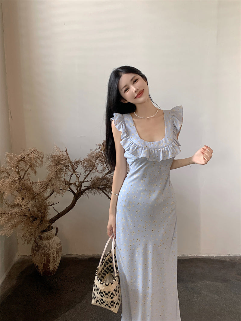Zllkl Kia Solid Color Blue Floral Square Neck Slip Wide Ruffle Flying Sleeve Backless A-Line Long Dress