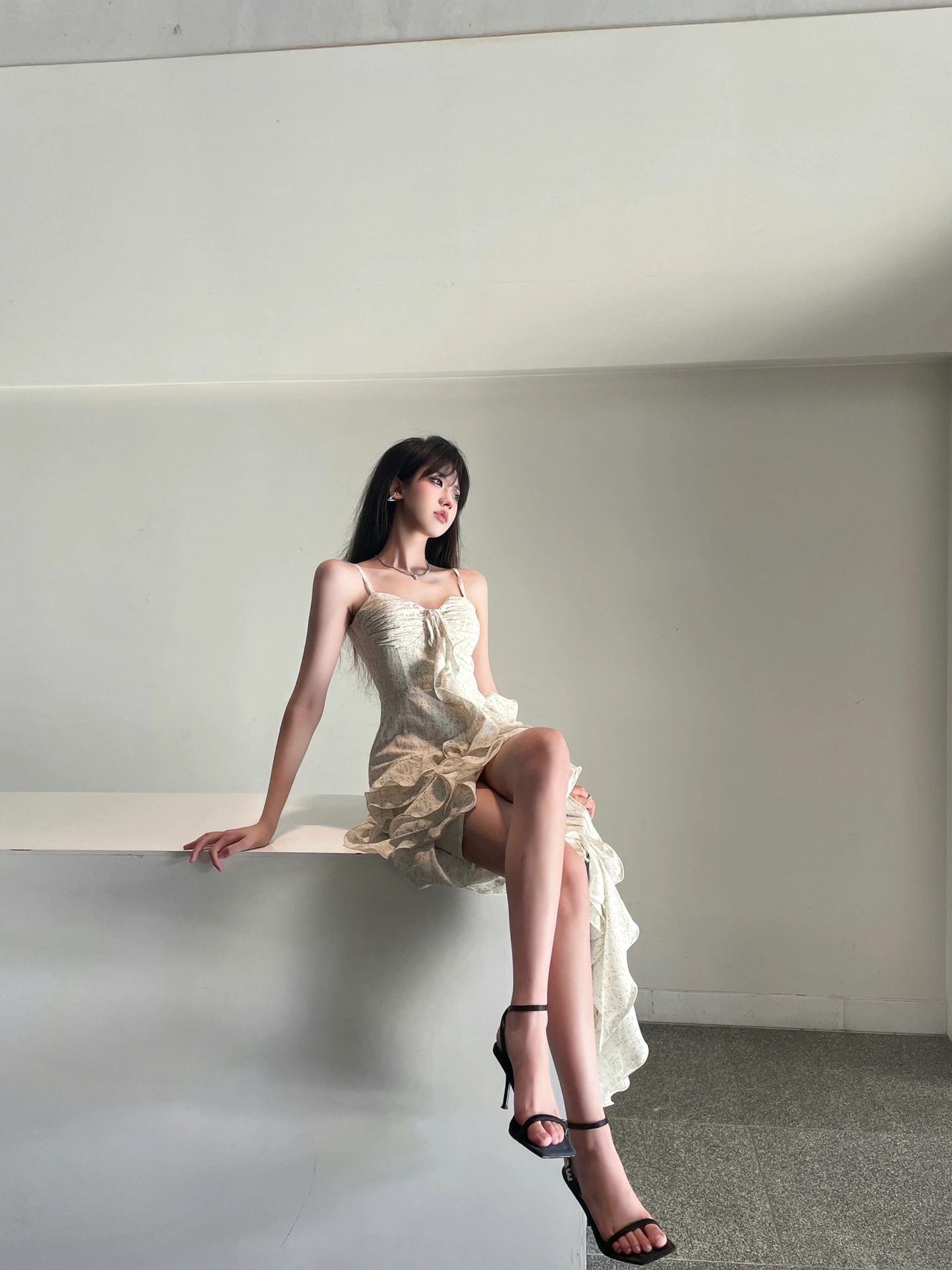 Zllkl Paula Floral V-Neck Spaghetti Strap Irregular Cut Out Ruffle Short Front Long Back Dress