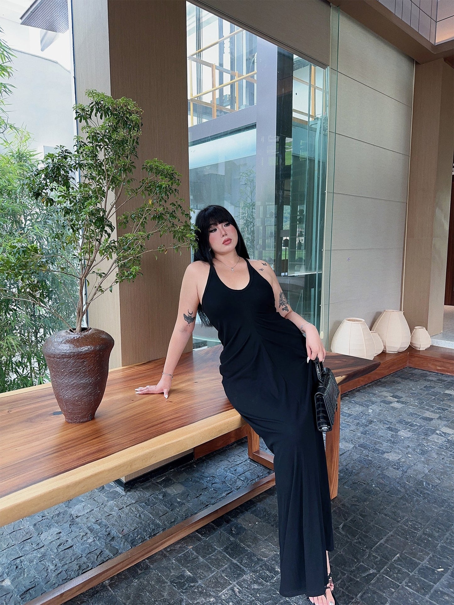 Zllkl Castilla Plus Size Solid Color V-Neck Halter Neck Pleated Waist Cinched Pleated Long Dress