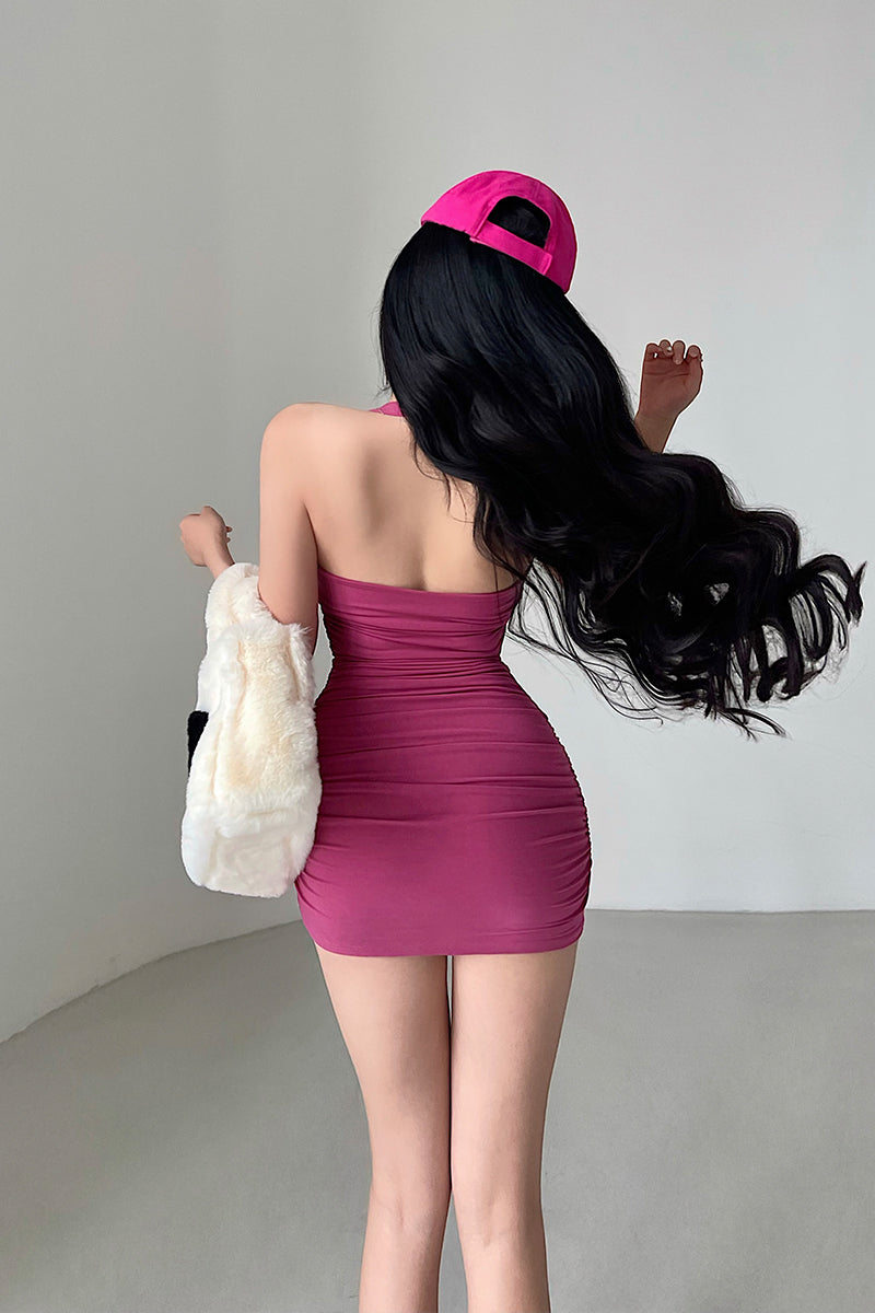 Zllkl Devena Solid Color Pleated Halter Backless Sleeveless Slim Mini Dress