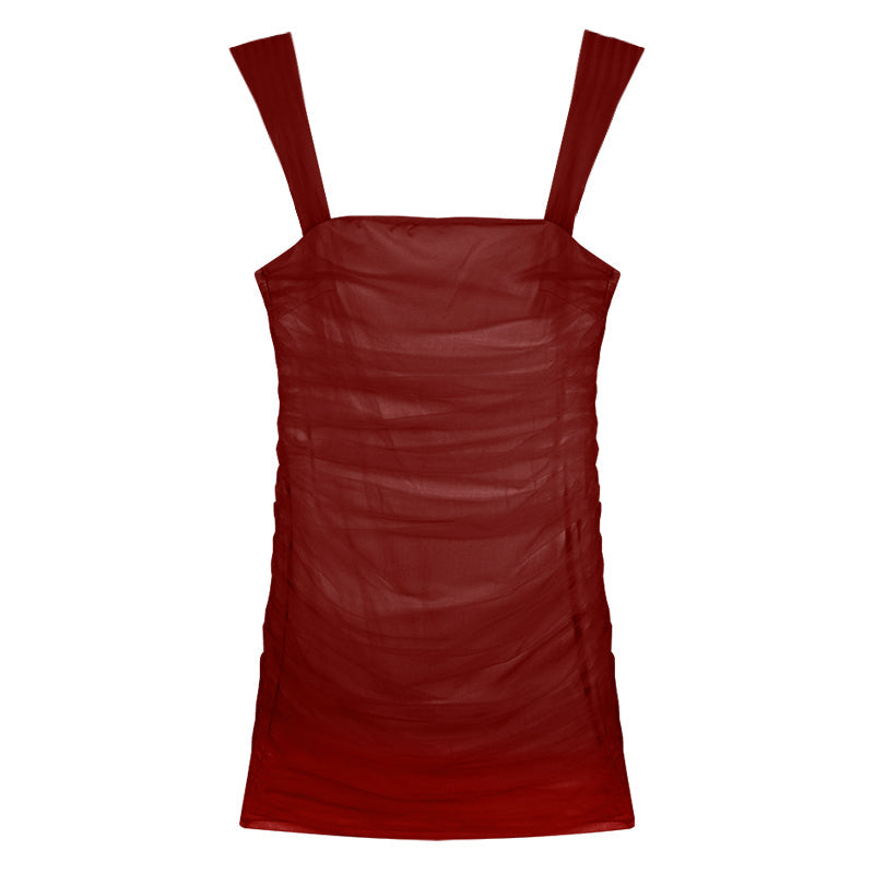 Zllkl Jianna Solid Color Square Neck Mesh Short-Sleeved Slim Mini Dress
