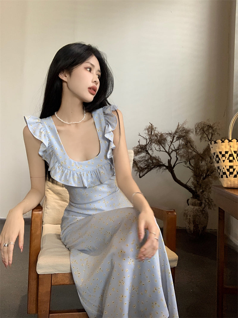 Zllkl Kia Solid Color Blue Floral Square Neck Slip Wide Ruffle Flying Sleeve Backless A-Line Long Dress