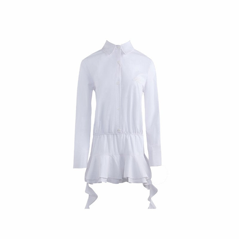 Zllkl Gia Solid Color White Ruffles Irregular Waist Button Shirt Pleated Tassel Mini Dress