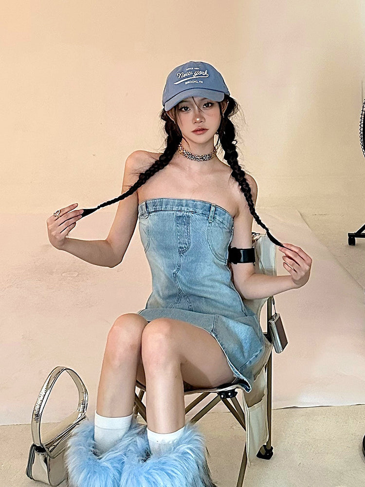 Zllkl Oriel Denim Blue Washed Vintage Sleeveless Bandeau Mini Dress