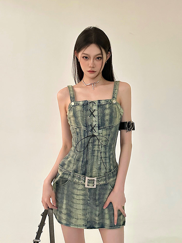 Zllkl Dania Denim Washed Pattern Wide Strap Lace Up Waist Belt Slim Mini Dress
