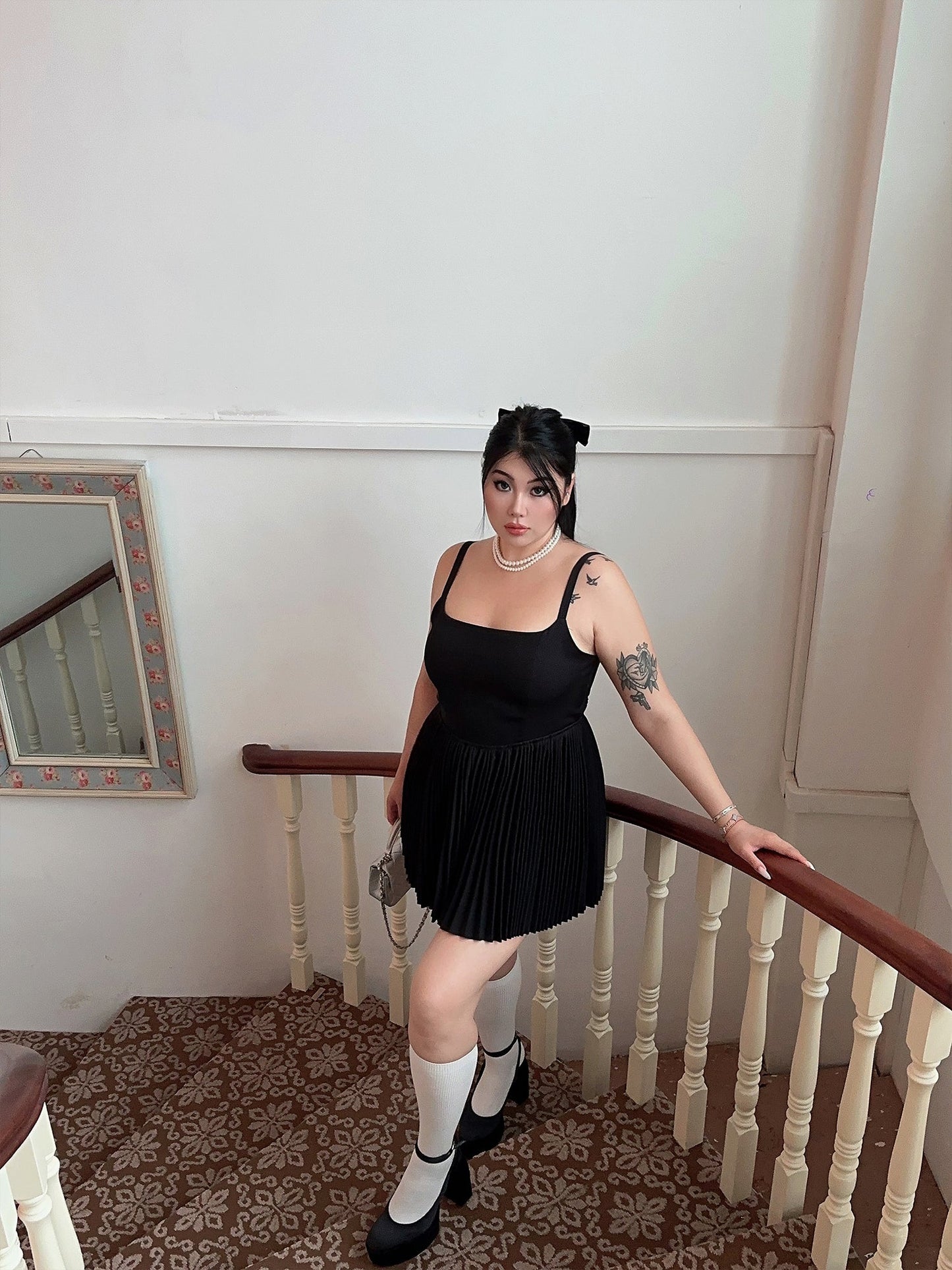 Zllkl Lora Plus Size Solid Color Black Slim Spaghetti Strap Bandeau Pleated Mini Dress