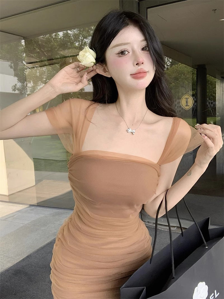 Zllkl Jianna Solid Color Square Neck Mesh Short-Sleeved Slim Mini Dress