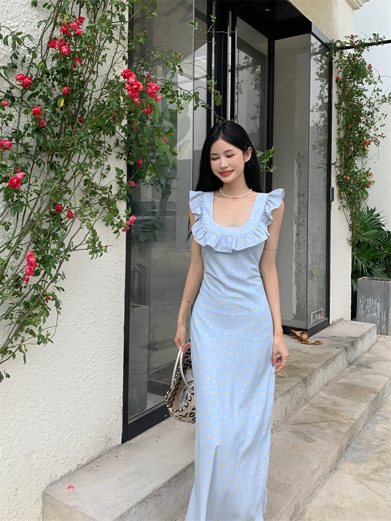 Zllkl Kia Solid Color Blue Floral Square Neck Slip Wide Ruffle Flying Sleeve Backless A-Line Long Dress