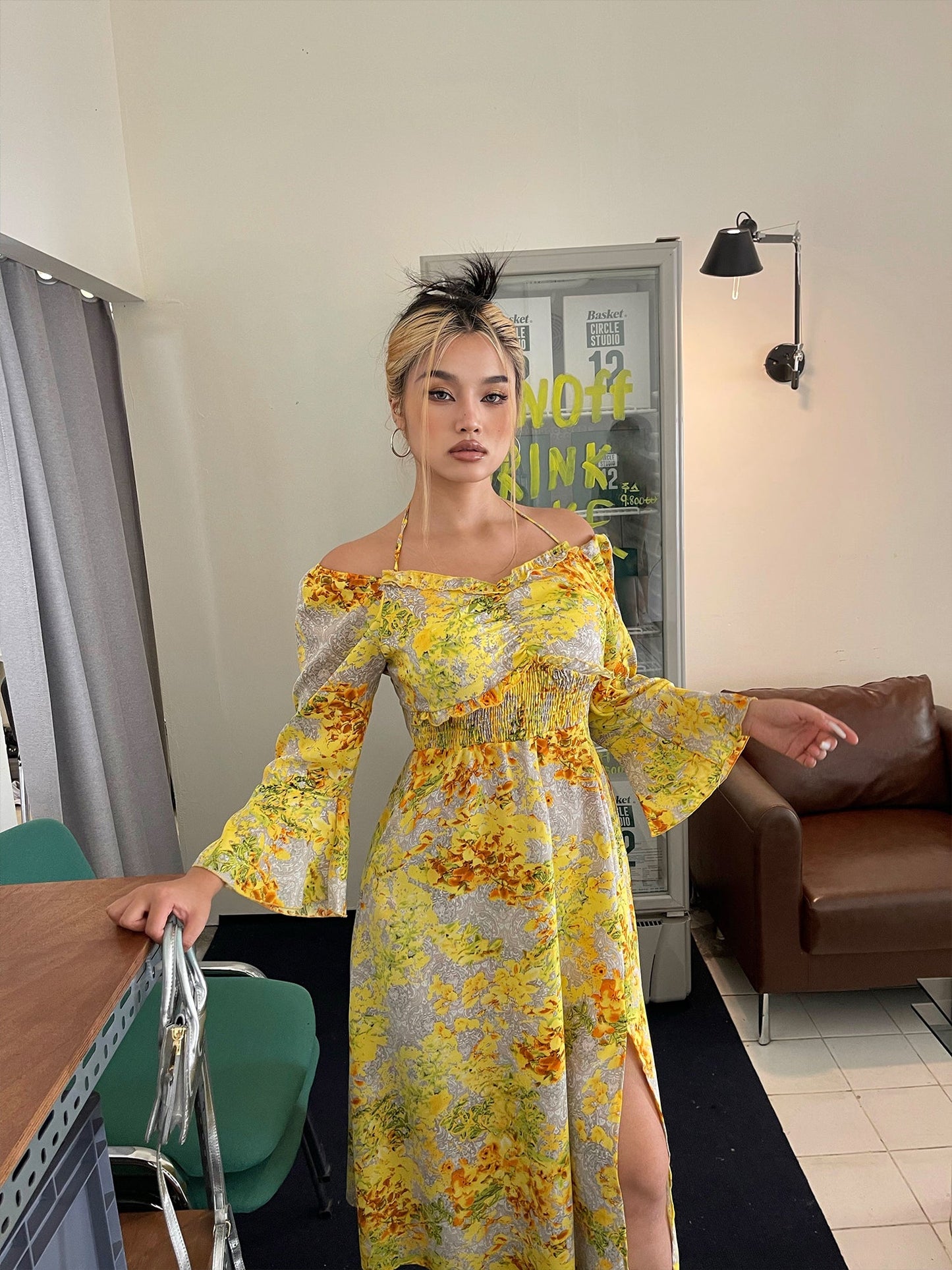 Zllkl Naoum Plus Size Sun Bright Yellow Floral Front Cross V-Neck Short Sleeve Side Slit Long Dress