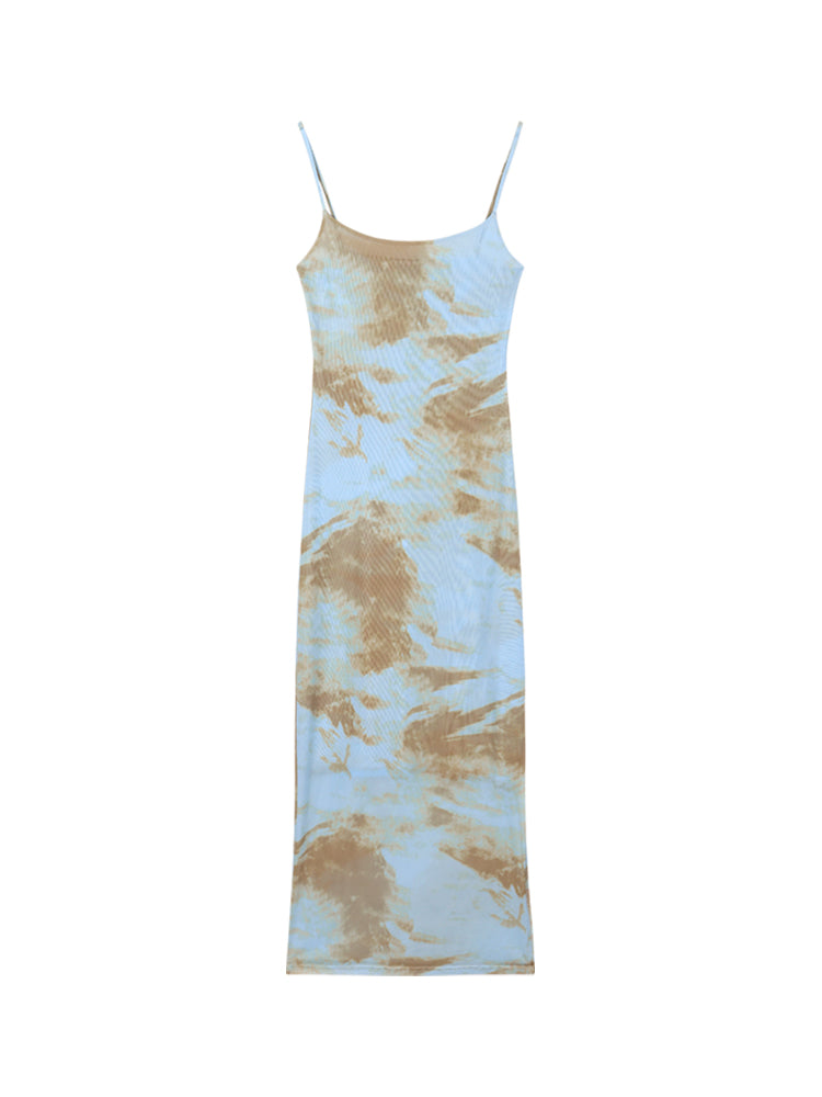 Zllkl Moan Blue & Brown Tie-Dye Spaghetti Strap Slip Slim Long Dress