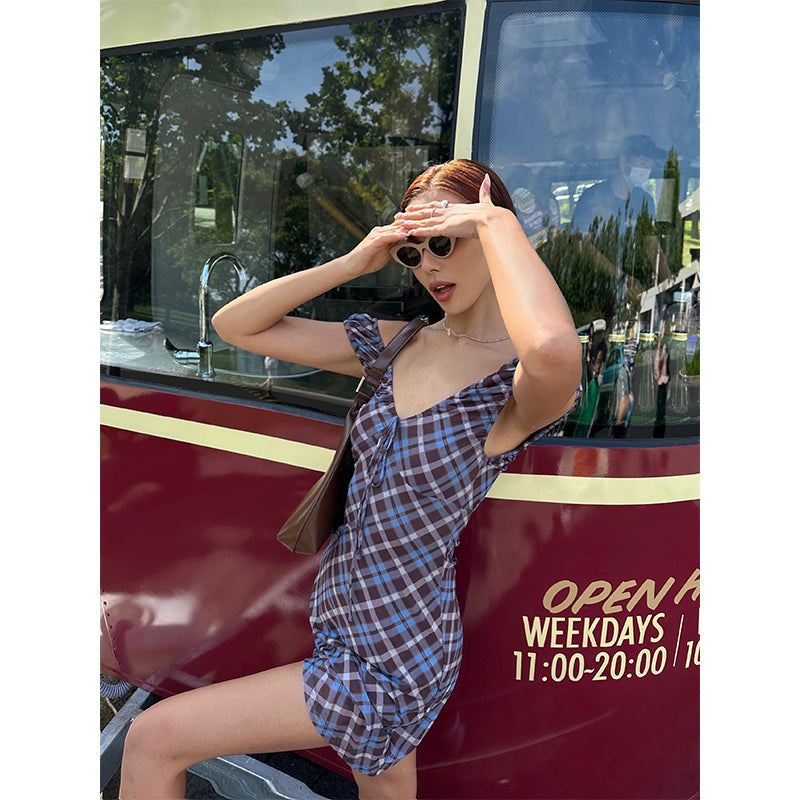 Zllkl Grazelda Blue Plaid Retro V-neck Backless Off-the-Shoulder Wide Sleeve A-line Mini Dress