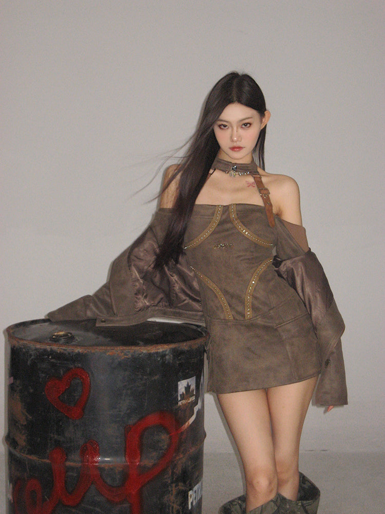 Zllkl Helena Solid Color Brown Halter Neck Off-the-Shoulder Long Sleeve Suede Slim Mini Dress