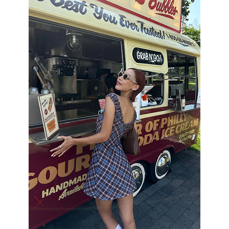 Zllkl Grazelda Blue Plaid Retro V-neck Backless Off-the-Shoulder Wide Sleeve A-line Mini Dress