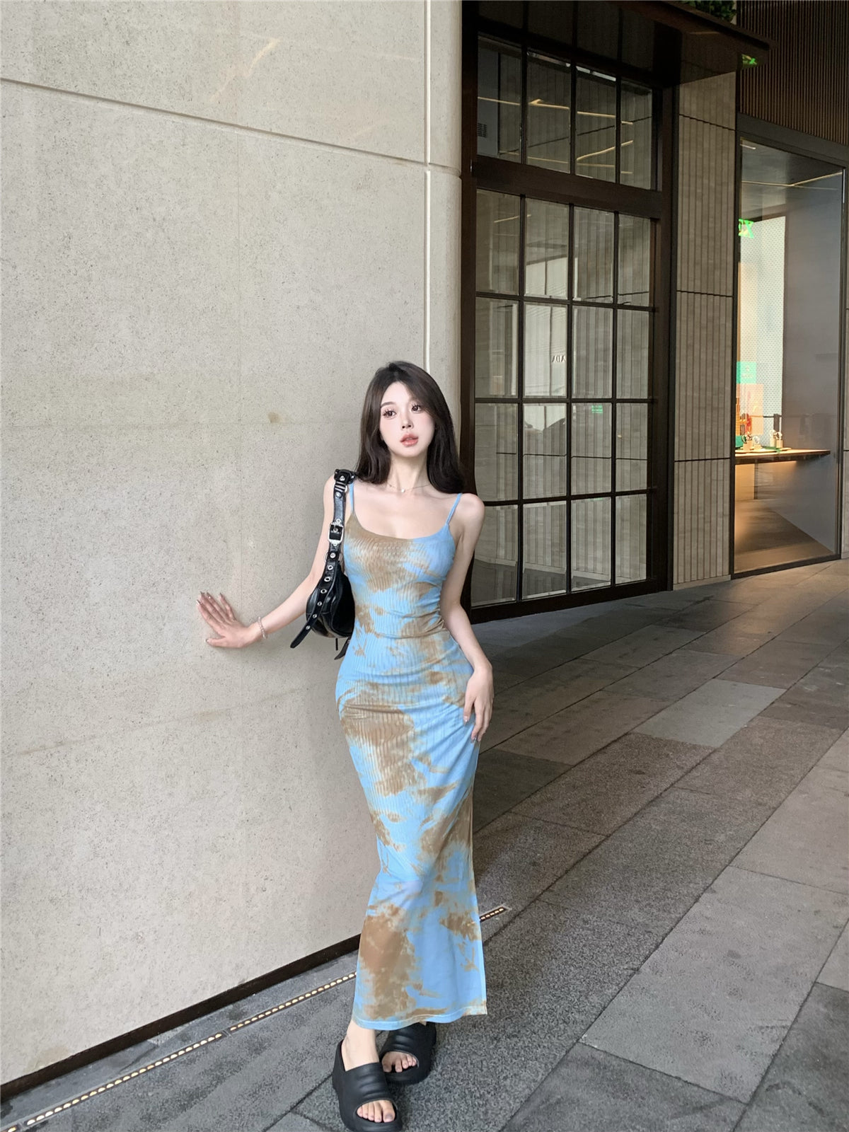 Zllkl Moan Blue & Brown Tie-Dye Spaghetti Strap Slip Slim Long Dress