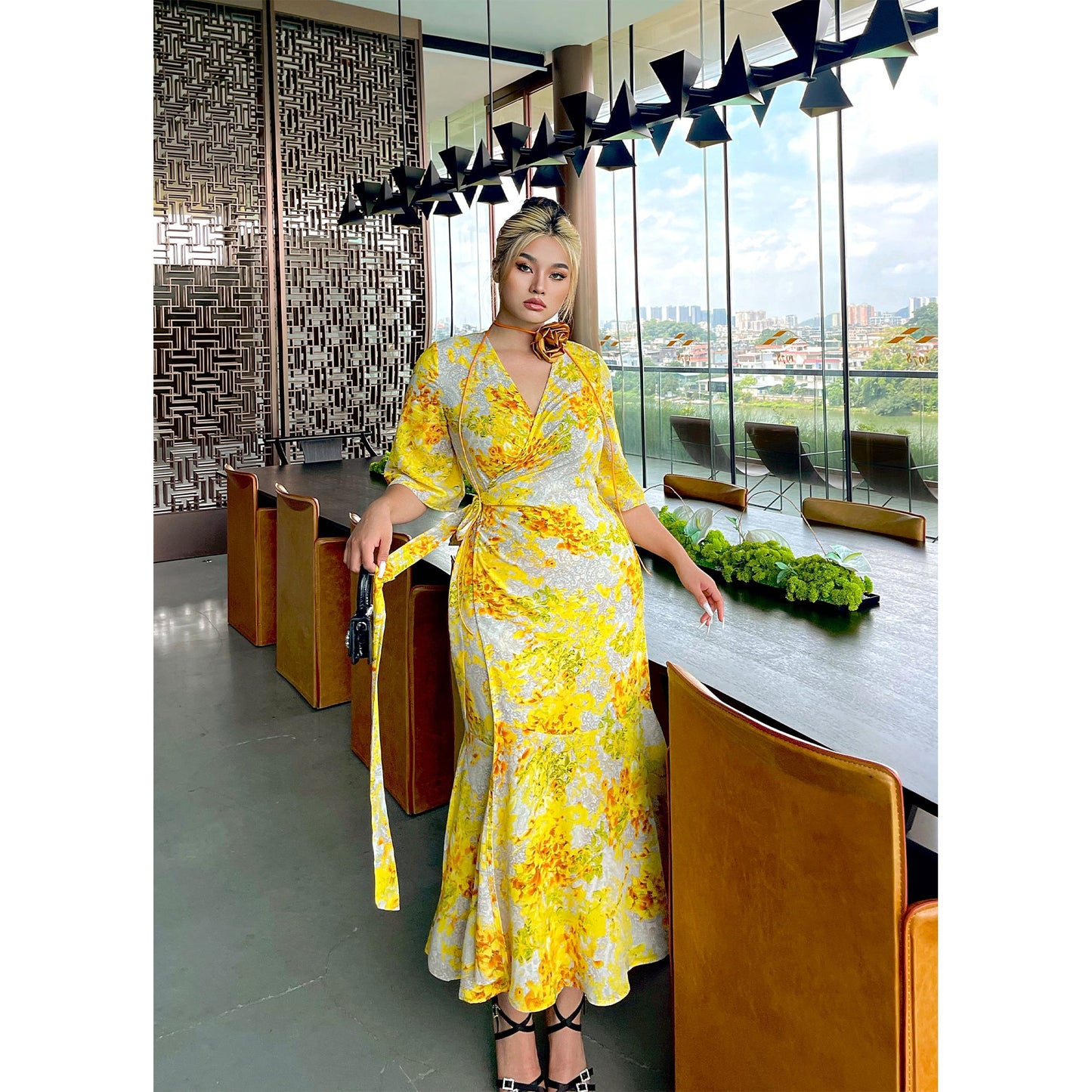 Zllkl Naoum Plus Size Sun Bright Yellow Floral Front Cross V-Neck Short Sleeve Side Slit Long Dress