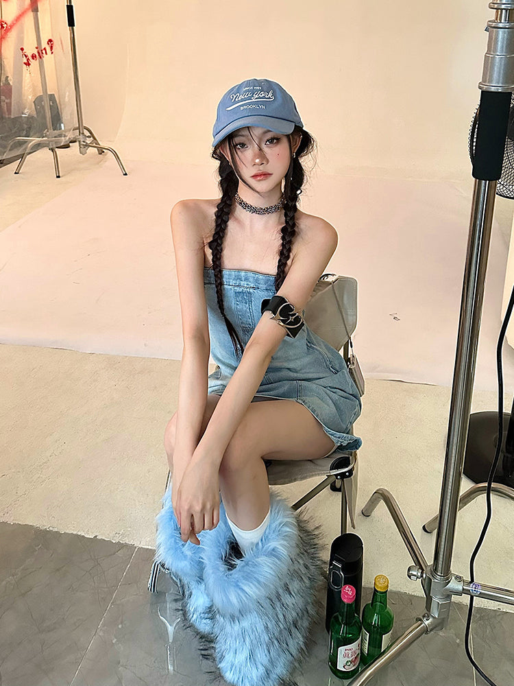 Zllkl Oriel Denim Blue Washed Vintage Sleeveless Bandeau Mini Dress