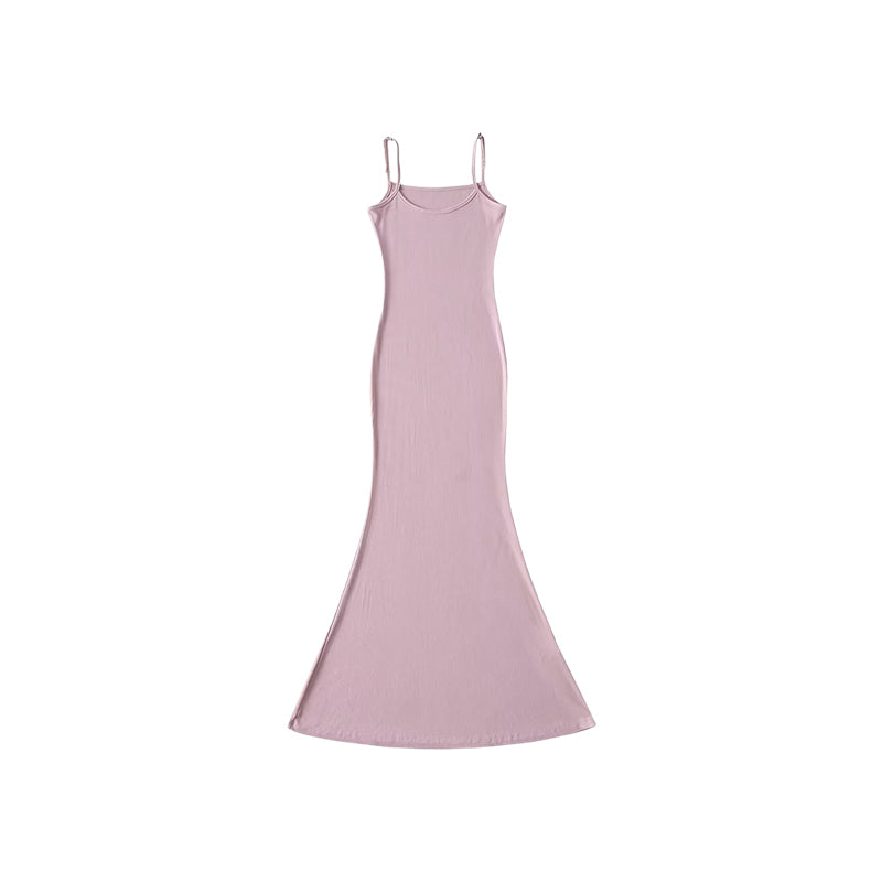 Zllkl Henna Solid Color Pink Spaghetti Straps Slim Fishtail Long Dress