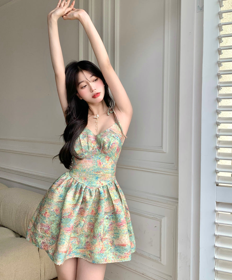 Zllkl Laura Green Floral Slip V-Neck Small Waist Puffy Pleated Mini Dress
